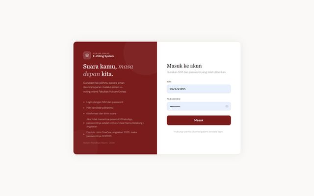 E-Voting Pemilu Kemahasiswaan FH Unhas 2026 - Sistem pemilihan digital oleh Saujana Karya